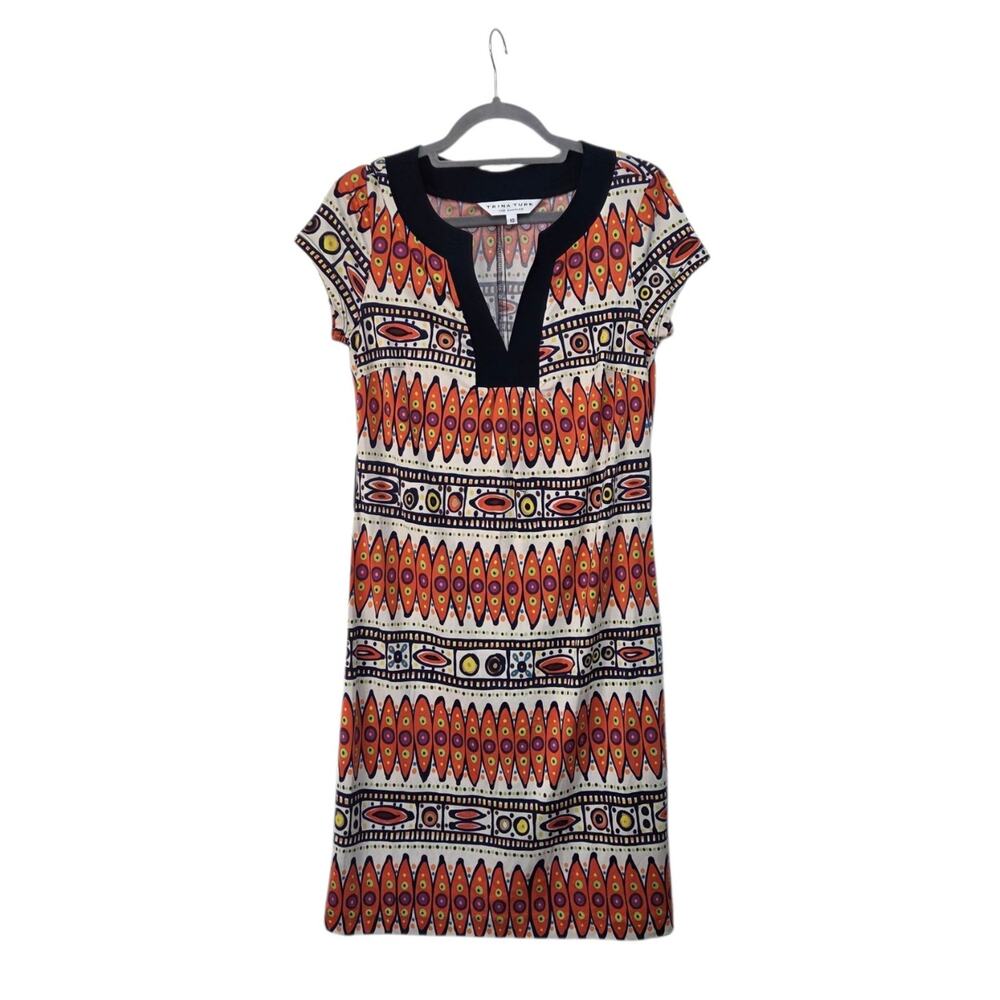Trina Turk Multi-Color Printed Midi Dress with Black Trim